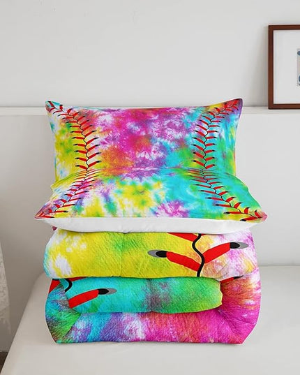 Feelyou Kids Baseball Comforter Boys Girls Softball Sports Game Comforter Set Girly Colorful Tie Dye Bedding Set Teens Men Baseball Gaming Quilt Set Rainbow Room Decor King Size for All Season 3Pcs - LeafyLoom