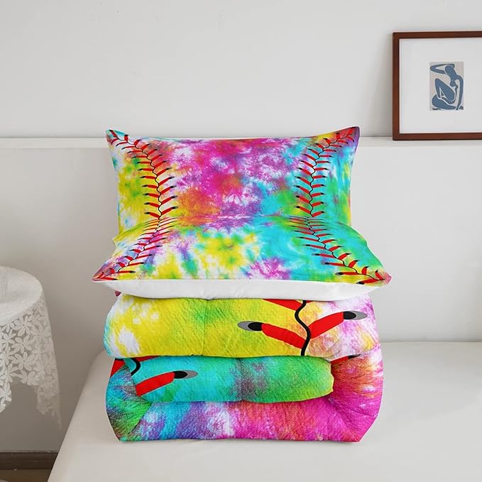 Feelyou Kids Baseball Comforter Boys Girls Softball Sports Game Comforter Set Girly Colorful Tie Dye Bedding Set Teens Men Baseball Gaming Quilt Set Rainbow Room Decor King Size for All Season 3Pcs - LeafyLoom