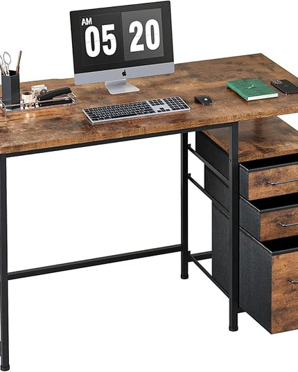 Ｍａｉｈａｉｌ Maihail Small Desk with Drawers, 40 inch Computer Desk with Shelves, Writing Desk with Storage, Small Office Desk with Metal Frame, Rustic Brown2 - LeafyLoom
