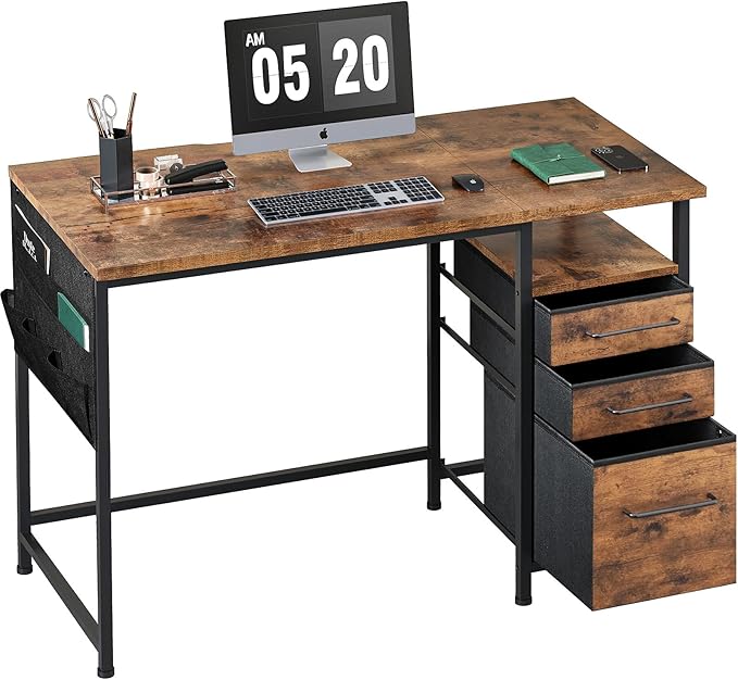 Ｍａｉｈａｉｌ Maihail Small Desk with Drawers, 40 inch Computer Desk with Shelves, Writing Desk with Storage, Small Office Desk with Metal Frame, Rustic Brown2 - LeafyLoom