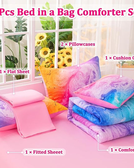 Girls Twin Bedding Sets, 6 Pcs Pink Twin Szie Comforter Set with Sheets, Watercolor Marble Abstract Art Superior Bedding Set for Girls Kids - LeafyLoom