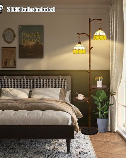 Tiffany Style Stained Glass Retro Floor Lamp with Tray,Dimmable Led Floor Lamps, Custom Color Temperature Standing Lamp with Remote for Living Room and Bedroom,Painted Red Copper - LeafyLoom