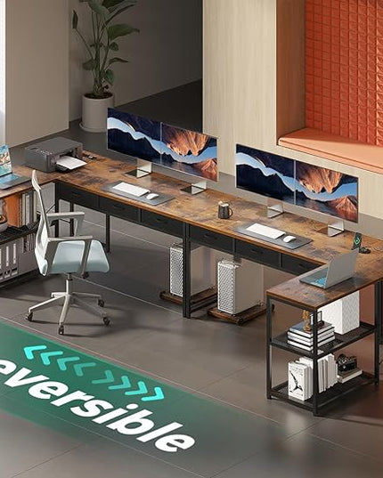 AODK 61 Inch L Shaped Computer Desk with Drawers, Corner Desk with Power Outlets & Reversible Storage Shelves, Movable CPU Stand for Home Office Gaming, Vintage - LeafyLoom
