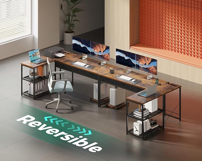 AODK 61 Inch L Shaped Computer Desk with Drawers, Corner Desk with Power Outlets & Reversible Storage Shelves, Movable CPU Stand for Home Office Gaming, Vintage - LeafyLoom