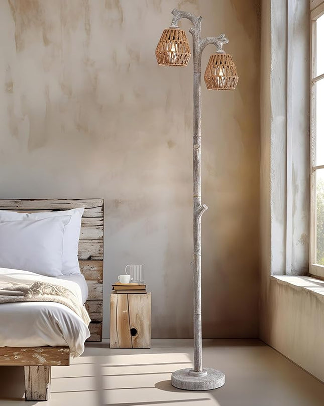 OYEARS Retro Farmhouse Rattan Floor Lamp Boho for Living Room Rustic Standing Lamps Tree Trunk Deco Modern Country Vintage Wood Grain 62" Tall Corner Floor Lamp Bedroom Office… - LeafyLoom