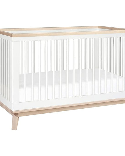 Babyletto Scoot 3-in-1 Convertible Crib with Toddler Bed Conversion Kit in White and Washed Natural, Greenguard Gold Certified - LeafyLoom