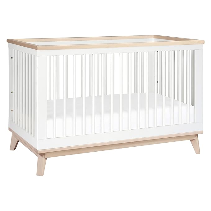 Babyletto Scoot 3-in-1 Convertible Crib with Toddler Bed Conversion Kit in White and Washed Natural, Greenguard Gold Certified - LeafyLoom