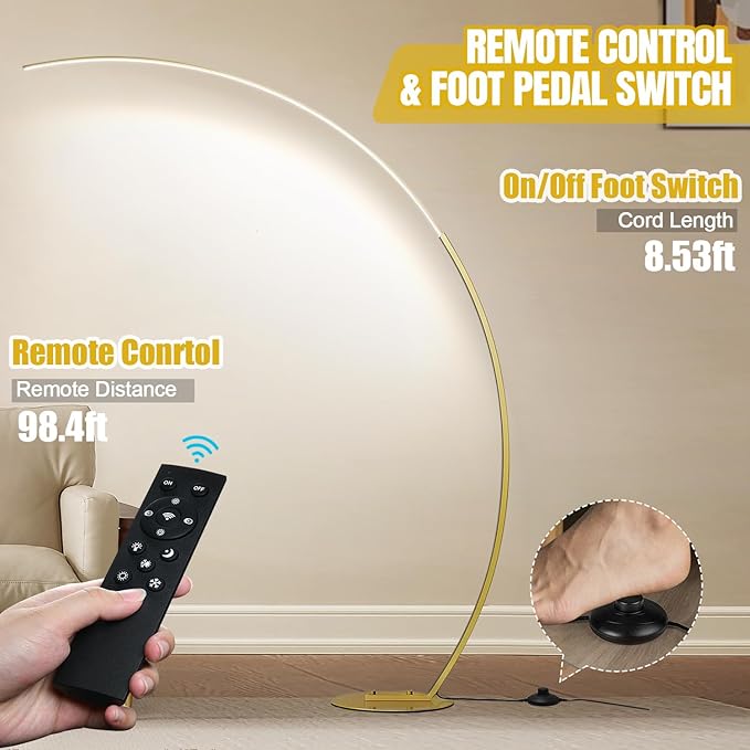 Torondo Dimmable LED Floor Lamp with 3 Color Temperatures, Ultra Bright 2000LM Gold Arc Floor Lamp, Modern Standing Tall Lamp with Remote Control Reading Floor Lamp for Bedroom Office Classroom - LeafyLoom