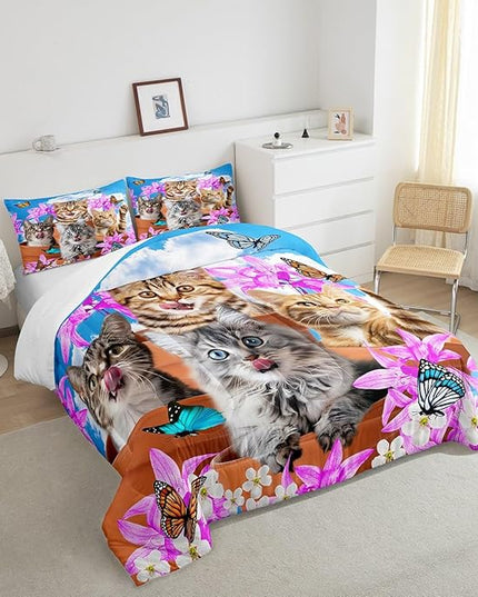 Kids Cute Cat Bedding Set Cartoon Pet Cats Kittens Comforter Set Cat Lovers Animal Themed Comforter for Boys Girls Purple Floral Butterflies Print Down Alternative Comforter Room Decor Twin Size - LeafyLoom