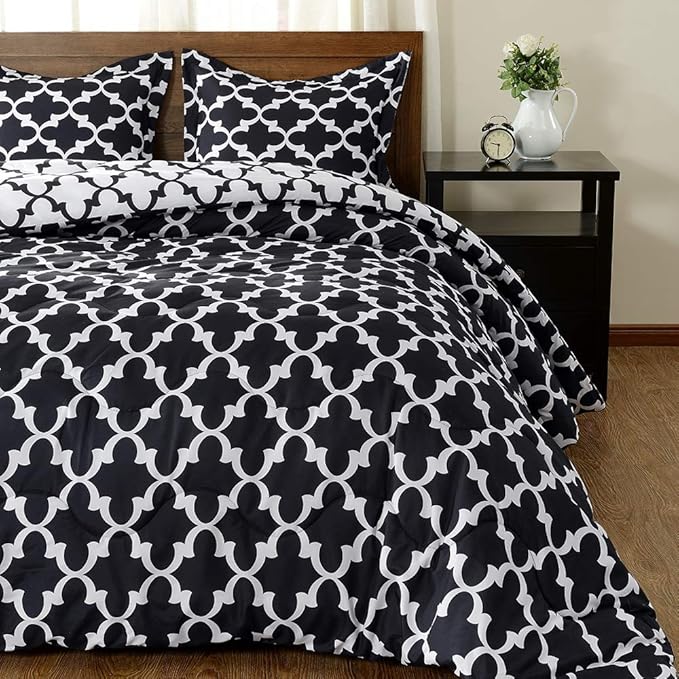 downluxe Printed Twin Comforter Set - Black Twin Comforter, Soft Bedding Sets for All Seasons -2 Pieces - 1 Comforter (66"x92") and 1 Pillow Sham(20"x26") - LeafyLoom