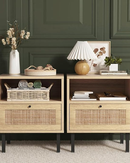 Rattan Nightstands Set of 2, Boho Night Stand with 1 Door, Accent End Table, Wood Bediside Table with Metal Legs&Open Shelf, Natural Wood - LeafyLoom