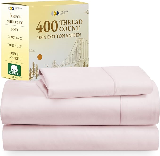 California Design Den Softest 100% Cotton Sheets, Twin XL Sheets Set, 3 Pieces, 400 Thread Count Sateen, Dorm Rooms & Adults, Deep Pocket Sheets, Cooling Sheets (Pink) - LeafyLoom