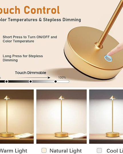 Rechargeable Cordless Table Lamp, 6000mAh LED Battery Operated Desk Lamp Touch 3 Color Stepless Dimming Portable Outdoor Waterproof Table Light for Patio/Restaurant/Dining/Home (Gold) - LeafyLoom