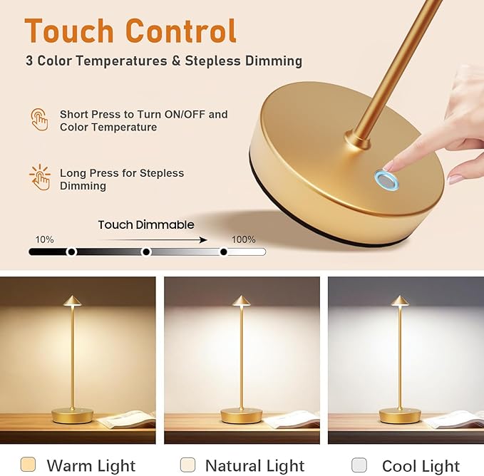 Rechargeable Cordless Table Lamp, 6000mAh LED Battery Operated Desk Lamp Touch 3 Color Stepless Dimming Portable Outdoor Waterproof Table Light for Patio/Restaurant/Dining/Home (Gold) - LeafyLoom