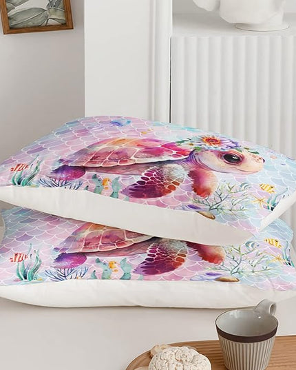Axolotl Turtle Bedding Set Full,Colorful Underwater World Comforter Set for Kids Boys Girls Teens,Ocean Comforter Set with Jellyfish,Kids Bedding Set Print Colorful Fish Scales,1 Quilt 2 Pillowcases - LeafyLoom