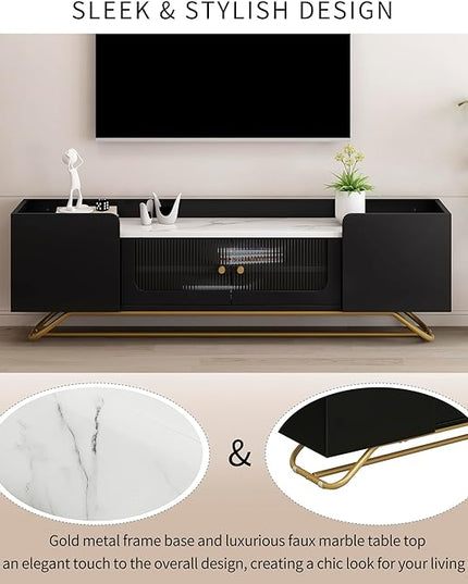LUSAPZ Sleek Design TV Stand,Modern TV Stand with Fluted Glass,for TVs Up to 70 Inch,Faux Marble Top TV Console Table with Gold Frame Base,Ideal for Living Room (Black) - LeafyLoom