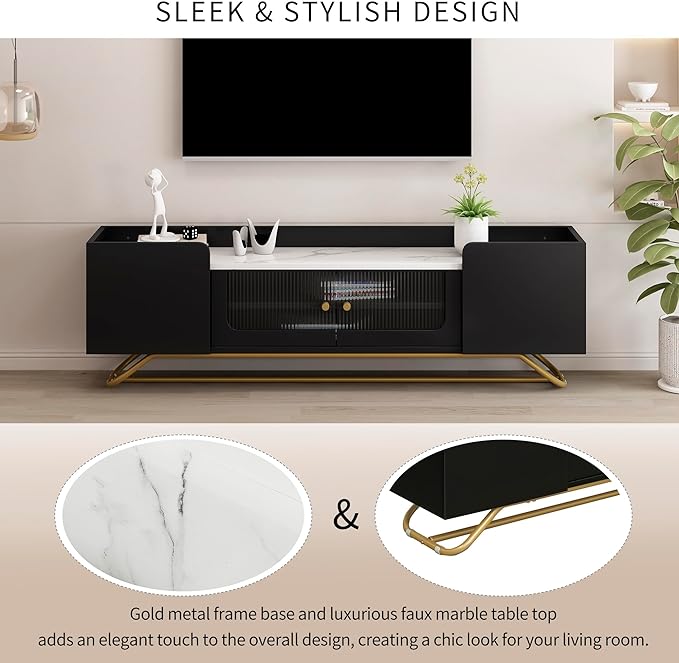 LUSAPZ Sleek Design TV Stand,Modern TV Stand with Fluted Glass,for TVs Up to 70 Inch,Faux Marble Top TV Console Table with Gold Frame Base,Ideal for Living Room (Black) - LeafyLoom