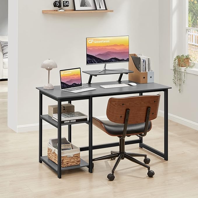 GreenForest Computer Desk with Monitor Stand,39 inch Home Office Desk with Reversible Storage Shelves,Modern Small Writing Desk Study Table,Work Form Home,Grey - LeafyLoom