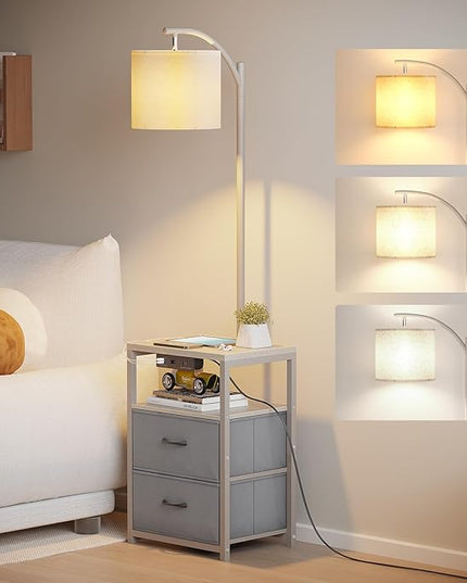 SUNMORY Floor Lamp with Table & 2 Drawers, Lamp with USB Port and Outlet, Lamps for Nightstand with 3 Color Temperature Led Bulb Included, Floor Lamps for Living Room, Bedroom and Home Office, Grey - LeafyLoom
