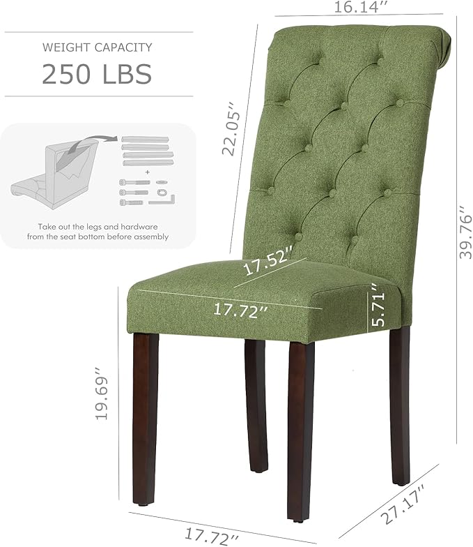 COLAMY Button Tufted Dining Chairs Set of 6, Parsons Upholstered Fabric Dining Room Chairs Kitchen Chairs with Wood Legs and Padded Seat, Green - LeafyLoom