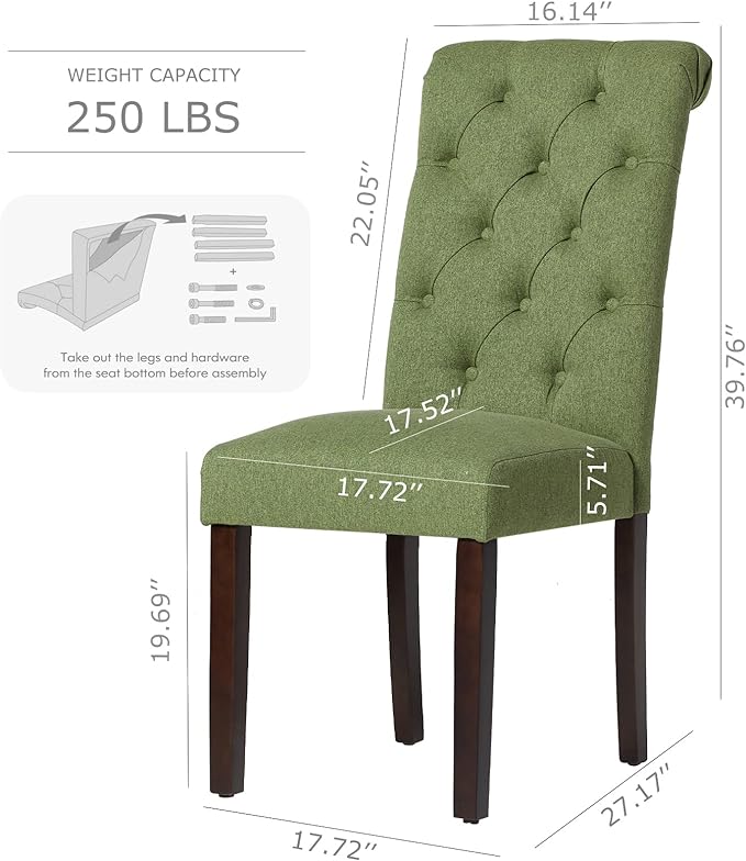 COLAMY Button Tufted Dining Chairs Set of 2, Parsons Upholstered Fabric Dining Room Chairs Kitchen Chairs with Wood Legs and Padded Seat, Green - LeafyLoom