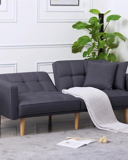 Modern Folding Sofa Bed Living Room Furniture Sets Futon Couch Convertible Tufted Loveseat with Adjustable Backrest for Lounge, 2-seats Sturdy Wood Legs Fabric Home Recliner - Dark Grey Sofá - LeafyLoom