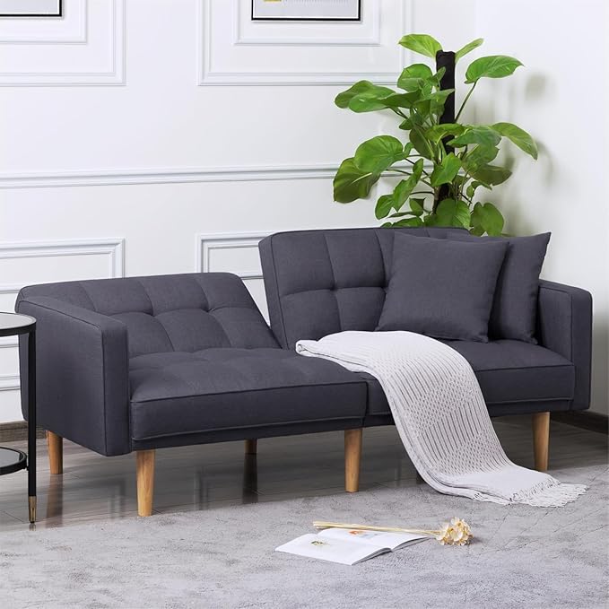 Modern Folding Sofa Bed Living Room Furniture Sets Futon Couch Convertible Tufted Loveseat with Adjustable Backrest for Lounge, 2-seats Sturdy Wood Legs Fabric Home Recliner - Dark Grey Sofá - LeafyLoom