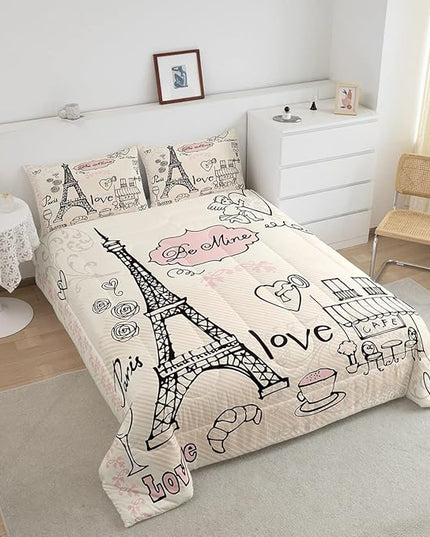 Feelyou Eiffel Tower Comforter Set Paris Tower Comforter for Girls Romantic Rose Chic Paris Bedding Set Paris Cityscape Printed Heart Love Duvet Set Room Decor Quilt King Boys - LeafyLoom