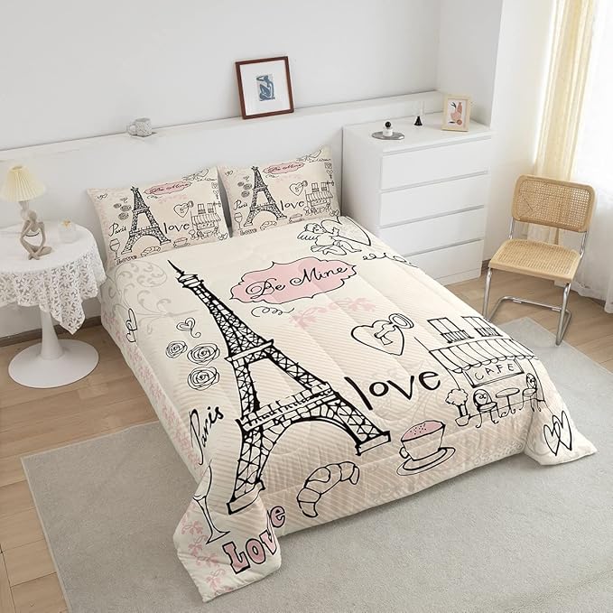 Feelyou Eiffel Tower Comforter Set Paris Tower Comforter for Girls Romantic Rose Chic Paris Bedding Set Paris Cityscape Printed Heart Love Duvet Set Room Decor Quilt King Boys - LeafyLoom
