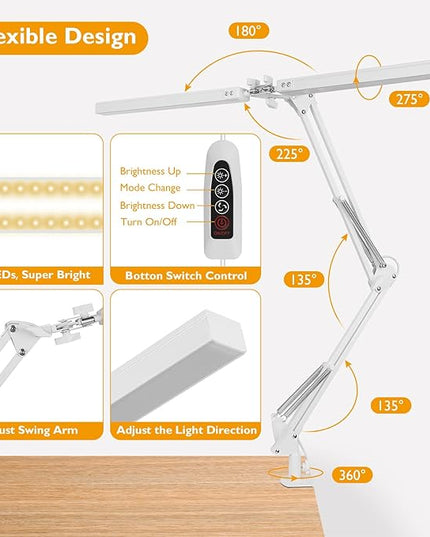LED Desk Lamp with Clamp, Super Bright Double Head Desk Lamps for Home Office, 5 Color Modes, 10%~100% Dimmable Brightness, Architect Task Desk Light, Modern Swing Arm Workbench Desk Lighting - LeafyLoom