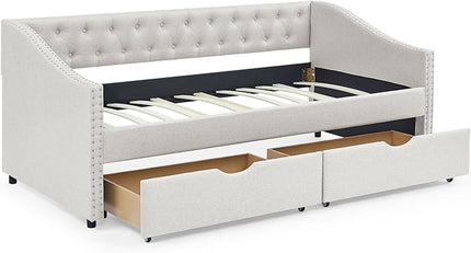 Twin Size Upholstered Daybed with Two Storage Trundle Drawers, Solid Wooden Bed Frame w/Button Tufted Backrest, No Box Spring Needed, for Kids, Bedroom, Dorm, Beige-3 - LeafyLoom
