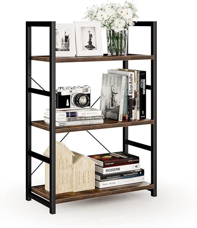 NUMENN 3 Tier Bookshelf, Bookcase Shelf Storage Organizer, Modern Book Shelf for Bedroom, Living Room and Home Office, Vintage - LeafyLoom