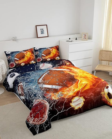 Erosebridal Football Comforter Twin Rugby Sports Bedding Set for Teen Boys Girls Kids,Soccer Basketball Baseball Comforter Red Blue Water Fire Lightning Quilt Duvet Insert Bedroom Decor 1 Pillow Case - LeafyLoom