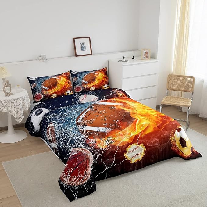 Erosebridal Football Comforter Twin Rugby Sports Bedding Set for Teen Boys Girls Kids,Soccer Basketball Baseball Comforter Red Blue Water Fire Lightning Quilt Duvet Insert Bedroom Decor 1 Pillow Case - LeafyLoom