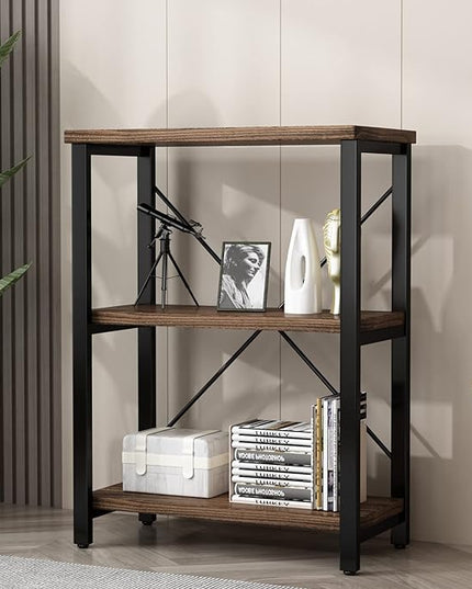 3 Tier Industrial Solid Wood Bookcases, Open Etagere Bookshelf with Metal Frame, Rustic Wood and Metal Shelving Storage Organizer for Living Room Book shelves Furniture (AY01-3tier) - LeafyLoom