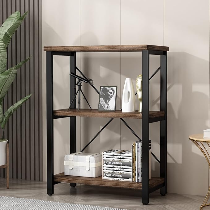 3 Tier Industrial Solid Wood Bookcases, Open Etagere Bookshelf with Metal Frame, Rustic Wood and Metal Shelving Storage Organizer for Living Room Book shelves Furniture (AY01-3tier) - LeafyLoom