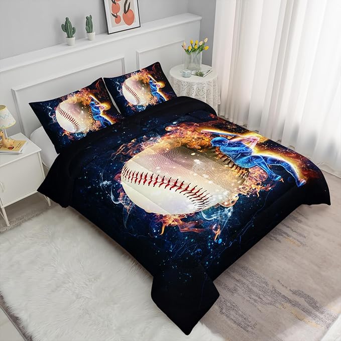 Axolotl 3D Baseball Comforter Set Queen,Sports Bedding,Red Blue Water Fire Comforter Set,Sports Baseball Loveer Bedding Set,Sport Game Comforter for Kids Boys Teens Adults,1 Quilt 2 Pillowcases - LeafyLoom