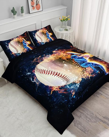 Axolotl 3D Baseball Comforter Set Twin,Sports Bedding,Red Blue Water Fire Comforter Set,Sports Baseball Loveer Bedding Set,Sport Game Comforter for Kids Boys Teens Adults,1 Quilt 2 Pillowcases - LeafyLoom