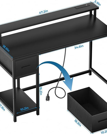 GreenForest Computer Desk with Drawers 47 inch,Gaming Desk with LED Lights & Power Outlets Small Desk with Monitor Stand and Reversible Shelf,Black - LeafyLoom