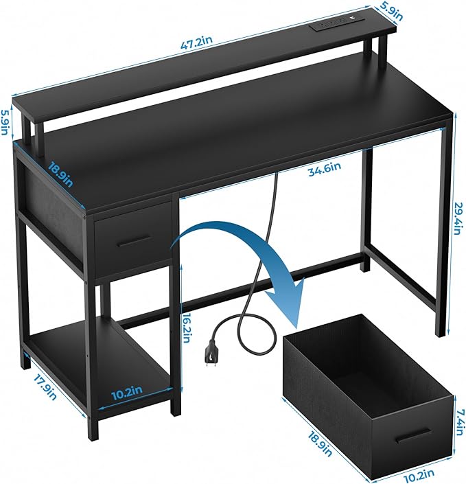 GreenForest Computer Desk with Drawers 47 inch,Gaming Desk with LED Lights & Power Outlets Small Desk with Monitor Stand and Reversible Shelf,Black - LeafyLoom