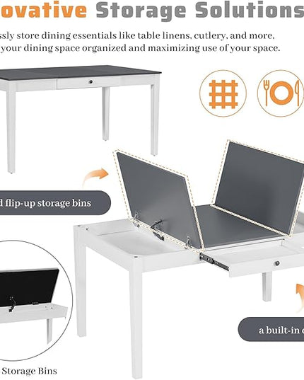 Dining Table Set for 6 with Drawer, Kitchen Table Set with Storage Table, Dining Room Table Set with Storable Bench and Upholstered Chairs for Living Room, Gray+White - LeafyLoom