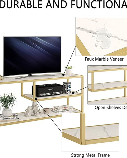 Function Home TV Stand for TVs up to 55 Inch, 3 Tier Entertainment Center, Media Console with Open Storage Shelves for Living Room Bedroom, 47” Modern TV Table with Faux Marble Top Gold Metal Leg - LeafyLoom