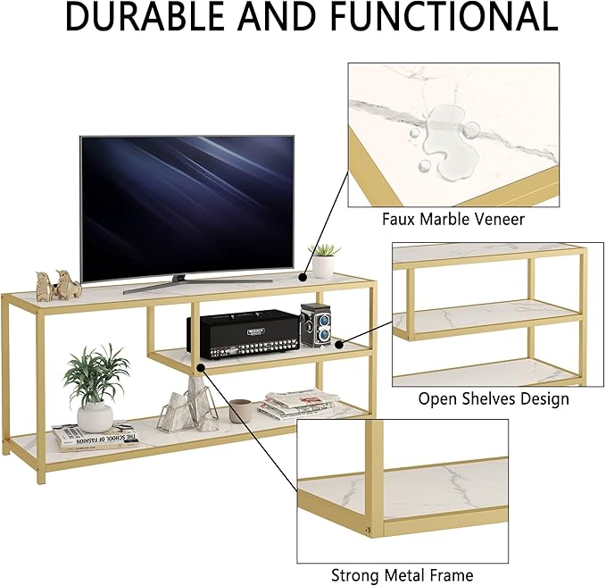 Function Home TV Stand for TVs up to 55 Inch, 3 Tier Entertainment Center, Media Console with Open Storage Shelves for Living Room Bedroom, 47” Modern TV Table with Faux Marble Top Gold Metal Leg - LeafyLoom
