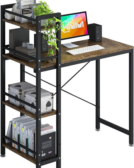 4NM 35" Small Computer Desk with 4-Tier Bookshelf, Home Office Desk Writing Workstation Study Table Multipurpose for Small Space Work - Rustic Brown and Black - LeafyLoom