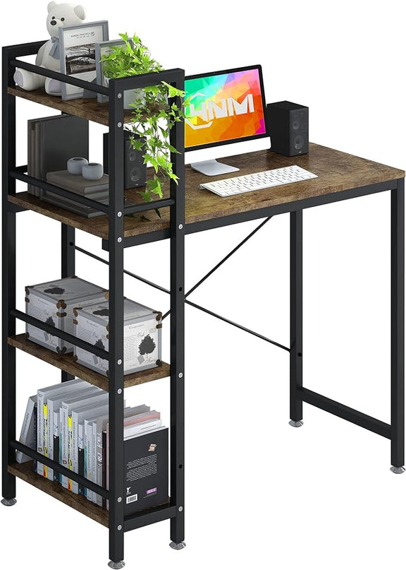 4NM 35" Small Computer Desk with 4-Tier Bookshelf, Home Office Desk Writing Workstation Study Table Multipurpose for Small Space Work - Rustic Brown and Black - LeafyLoom