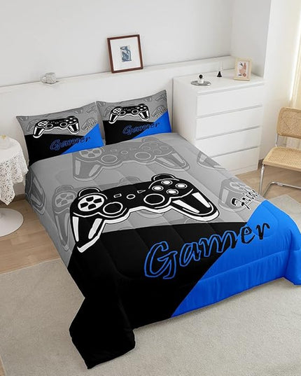 Feelyou Gaming Comforter for Boys Teen Video Game Bedding Set for Kids Gamer Comforter for All Season Gamepad Home Decor for Comforter Set Queen Size,1 Comforter with 2 Pillowcases Blue Black Grey - LeafyLoom
