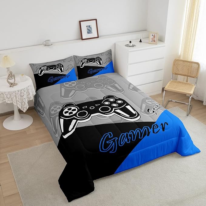 Feelyou Gaming Comforter for Boys Teen Video Game Bedding Set for Kids Gamer Comforter for All Season Gamepad Home Decor for Comforter Set Queen Size,1 Comforter with 2 Pillowcases Blue Black Grey - LeafyLoom