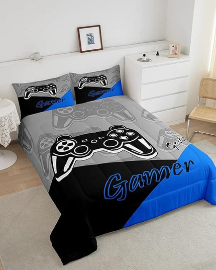 Feelyou Gaming Comforter for Boys Teen Video Game Bedding Set for Kids Gamer Comforter for All Season Gamepad Home Decor for Comforter Set Twin Size,1 Comforter with 1 Pillowcase Blue Black Grey - LeafyLoom