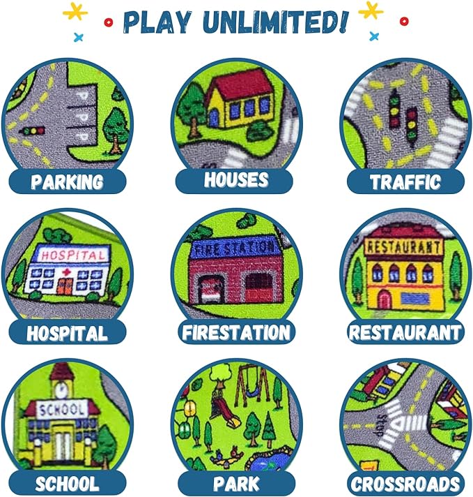 ToyVelt Kids Carpet Playmat Car Rug – Educational Road Traffic Carpet Multi Color Play Mat - Best Kids Rugs for Playroom & Kid Bedroom – for Ages 3-12 Years Old (43" L x 26" W) - LeafyLoom