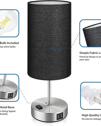 Black Touch Control Table Lamp Set of 2, with 2 USB Charging Ports&AC Outlet, 3-Way Dimmable Bedside Nightstand Lamps with Fabric Lampshade for Reading, Bedroom, Living Room, A19 LED Bulbs Included - LeafyLoom